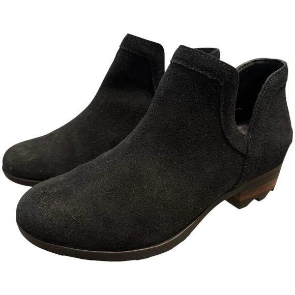 Sorel Lolla Cut Out Suede Booties Womens 6.5 Black Ankle Low Heel‎ Slip On - Picture 1 of 12
